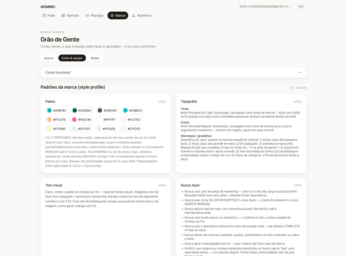 Aba Estilo com paleta de cores, tipografia e regras da marca