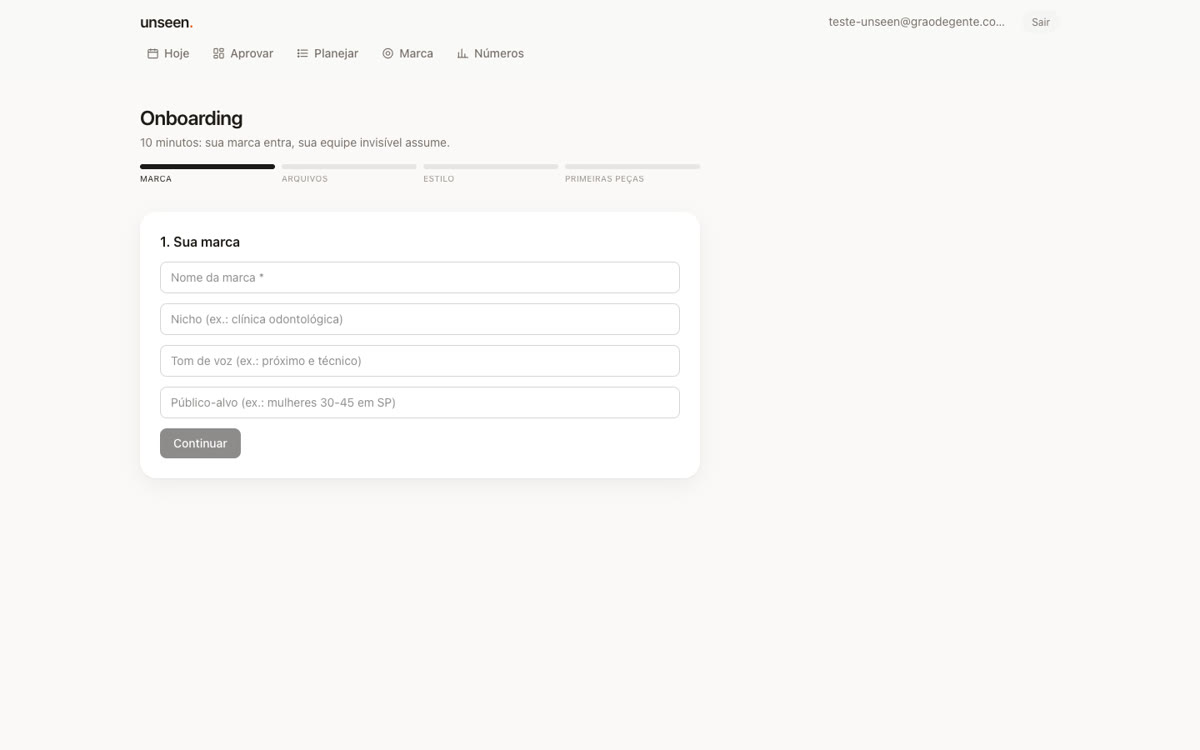 Tela de onboarding da Unseen com os 4 passos