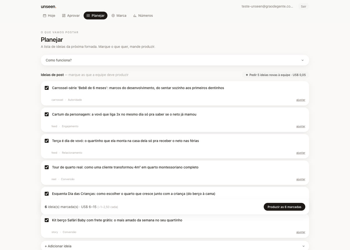 Tela Planejar com a lista de ideias e a agenda